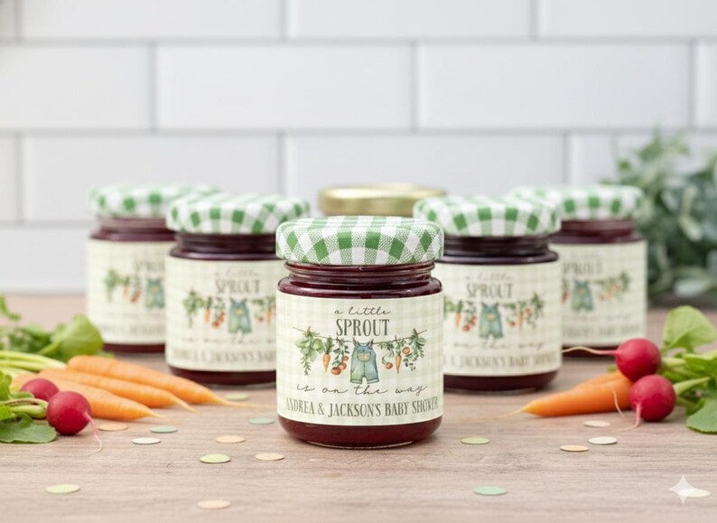 May include: Five glass jars filled with dark red jam, each topped with a green and white checkered lid. The labels feature a garden illustration with carrots, radishes, and overalls, with the text A little SPROUT is on the way.