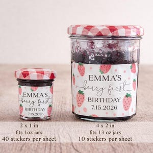 Berry First Birthday Strawberry Jam Labels, Printed Glossy Stickers, Girl 1st Birthday Favor Tags, Strawberry Party Favor Labels image 2
