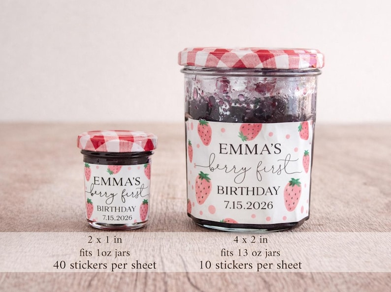 Berry First Birthday Strawberry Jam Labels, Printed Glossy Stickers, Girl 1st Birthday Favor Tags, Strawberry Party Favor Labels image 2