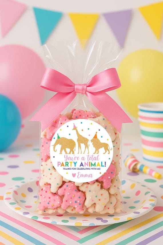 Party Animal Birthday Favor Stickers, Circus Animal Cookie Bag Labels, Kids Party Favor Tags, Zoo Safari Thank You Stickers, Printed, Wild