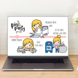 May include: Illustration of a process for ordering and shipping prints from Pig Party Prints. The illustration shows a person placing an order, printing labels, and mailing the order. The text says "Pig Party Prints", "Order Placed", "Print Your Labels", "Mail", "Packaged with Care", and "In the Mail Within 4 Biz Days".
