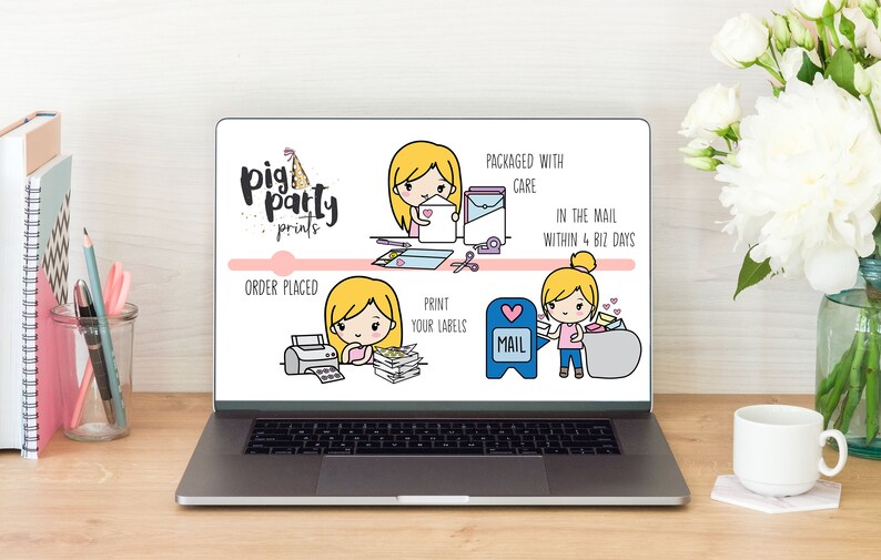 May include: Illustration of a process for ordering and shipping prints from Pig Party Prints. The illustration shows a person placing an order, printing labels, and mailing the order. The text says "Pig Party Prints", "Order Placed", "Print Your Labels", "Mail", "Packaged with Care", and "In the Mail Within 4 Biz Days".
