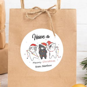 Personalized Meowy Christmas Cat Stickers – Holiday Gift Tags for Bags, Candy Favors, Presents – Cute Santa Kitty Labels