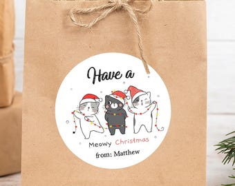 Personalized Meowy Christmas Cat Stickers – Holiday Gift Tags for Bags, Candy Favors, Presents – Cute Santa Kitty Labels