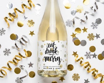 Eat Drink and Be Merry Wine Labels, Christmas Wine Bottle Labels, Printed Waterproof Holiday Wine Labels, Personalized Wine Labels