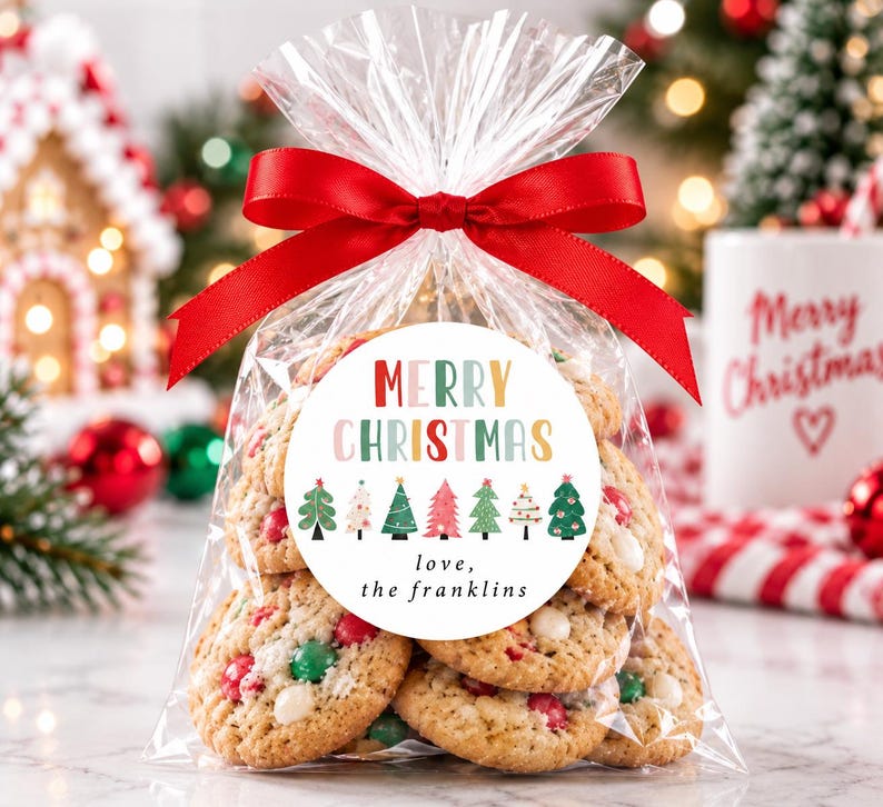 May include: A clear plastic bag filled with cookies containing red and green candies, tied with a red satin ribbon. A round white sticker on the front features the text Merry Christmas in colorful letters, a row of small trees, and love, the franklins.