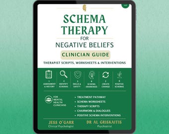 Puede incluir: Una tableta digital que muestra una guía clínica titulada Schema Therapy for Negative Beliefs. La portada presenta texto en verde oscuro sobre un fondo blanco, enumerando guiones para terapeutas, hojas de trabajo e intervenciones de Jess O'Garr y Dr. Al Griskaitis.