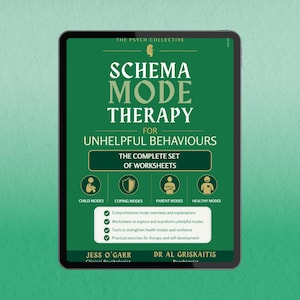 Może przedstawiać: Cyfrowy tablet wyświetlający zieloną okładkę Schema Mode Therapy for Unhelpful Behaviours: The Complete Set of Worksheets autorstwa Jess O'Garr i dr. Al Griskaitisa. Zawiera ikony trybów dziecięcych, radzenia sobie, rodzicielskich i zdrowych.