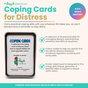 May include: A set of 40 coping cards in a rectangular silver metal tin. The card inside features the text Coping Cards, a logo of a colourful brain profile, and the names Jessica O'Garr and Dr. Al Griskaitis. The set is designed for distress.