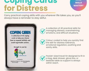 May include: A set of 40 coping cards in a rectangular silver metal tin. The card inside features the text Coping Cards, a logo of a colorful brain profile, and the names Jessica O'Garr and Dr. Al Griskaitis. The set is designed for distress.