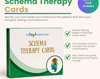 Puede incluir: Una caja rectangular blanca etiquetada como Schema Therapy Cards con el texto thepsychcollective.com. La caja presenta una base verde, un gráfico circular de un perfil de cabeza humana colorido y tres puntos con marcas de verificación verdes.