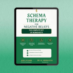 Może przedstawiać: Tablet cyfrowy wyświetlający dokument zatytułowany Schema Therapy for Negative Beliefs: The Complete Set of Worksheets. Strona zawiera zielone i białe sekcje, ikony oraz tekst wymieniający arkusze informacyjne autorstwa Jess O'Garr i Dr. Al Griskaitis.