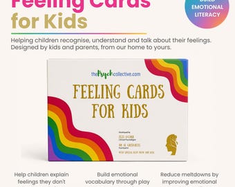May include: A rectangular white box for Feeling Cards for Kids featuring a colorful rainbow wave design on the left and right sides. The text Feeling Cards for Kids is printed in gold, with additional text identifying the developers and a gold head icon.