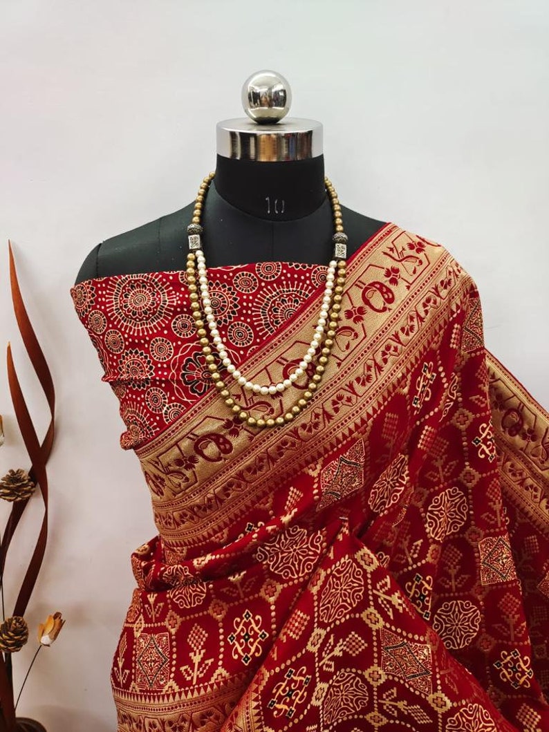 Beige - Hand Block Print Natural Dyed Dola Silk Zari Border Ajrakh Dupatta with Tassels 13