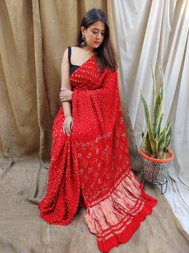 Red Pure Gajji Silk Bandhani Printed Gajji Silk Saree main image 0