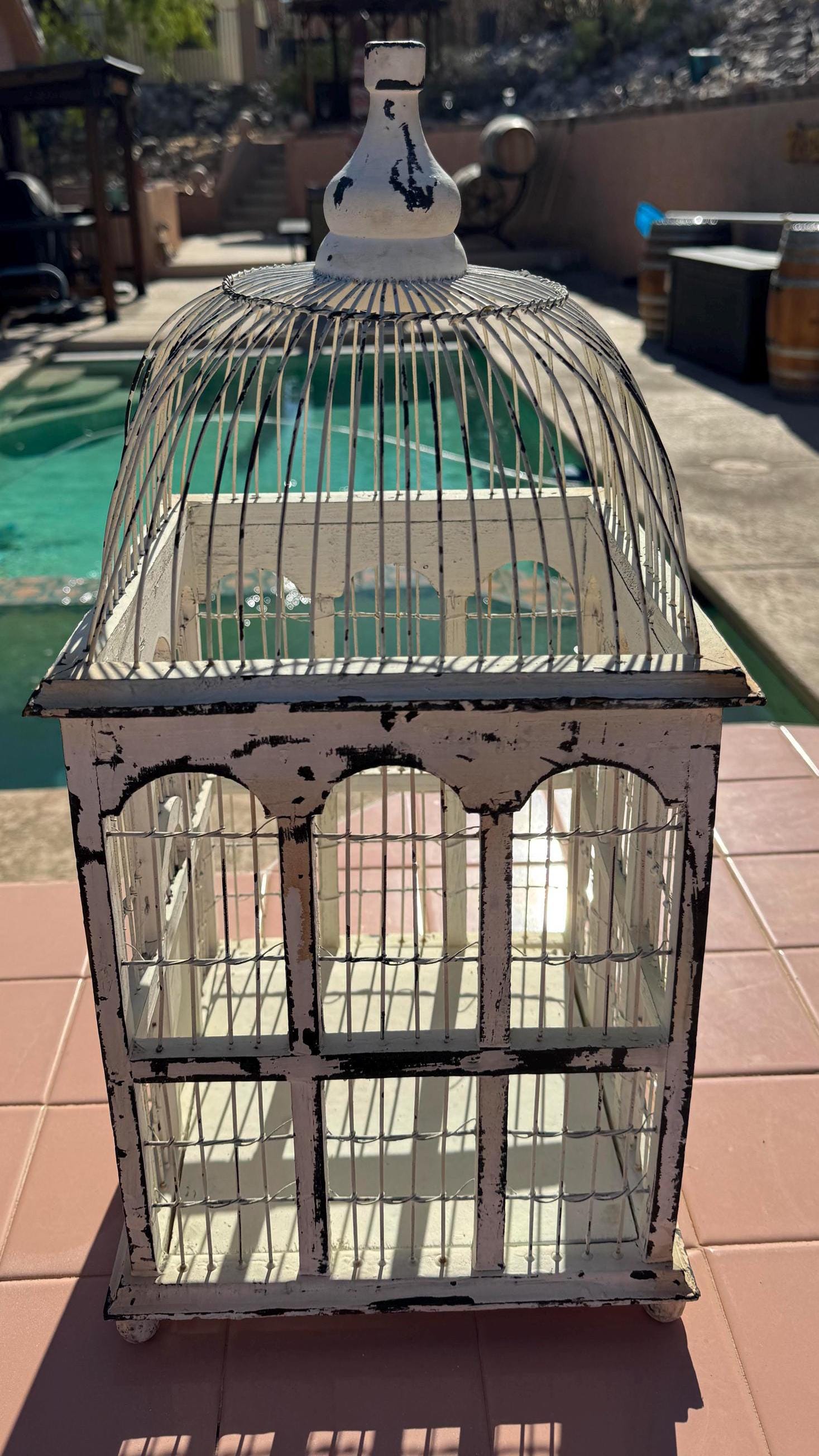 Vintage Wood Wire Bird Cage Dome Rustic White Shabby Chic 20x10 Garden ...