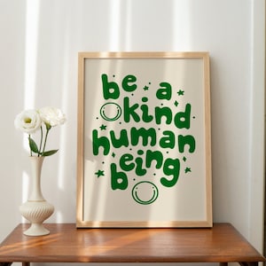 Retro Groovy Wall Art, Be a Kind Human Print, Digital Download print, Printable art, Retro Green poster, Wall Decor, Inspirational print