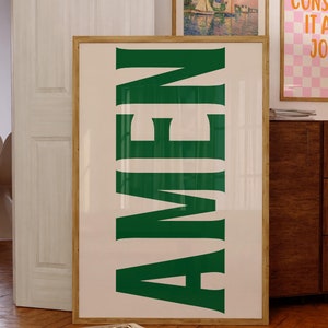 Impresión de Amén, póster tipográfico de Jesús, arte de pared cristiano de moda, póster retro, decoración de pared religiosa, póster cristiano verde, regalos cristianos