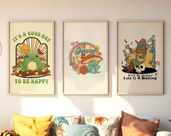 Retro Wall Art Set Of 3, Retro Frog Print, Retro Wall Art, Retro Aesthetic Print, Retro Poster, Digital Download, Retro Printable Wall art