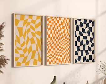 Trendy Retro Wall Art Set Of 3, Gallery Wall Art, Retro Aesthetic Print, Abstract Checkered Poster, Digital Download, Printable Wall art