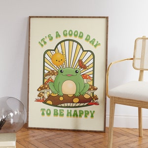 Retro Happy Quote Print, Frog Print, Groovy Print, Impresión de descarga digital, Decoración de pared, Arte imprimible, Impresiones descargables, Cartel retro