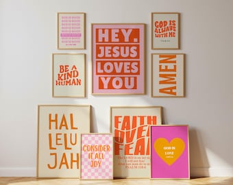 Bundel christelijke muurdecoratie in oranje (set van 9) Galerijmuurset Roze christelijke print Afdrukbare muurdecoratie Bijbelvers Christelijk cadeau