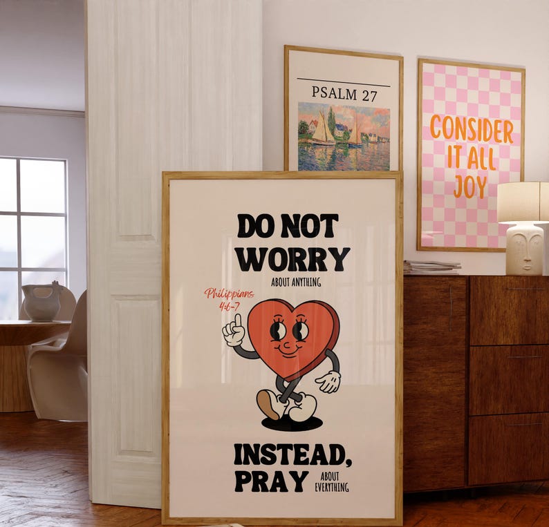 Philippians 4:6-7 Print, Retro Christian Wall Art, Trendy Bible Verse Poster, Prayer Room Decor, Religious Printable Art image 3