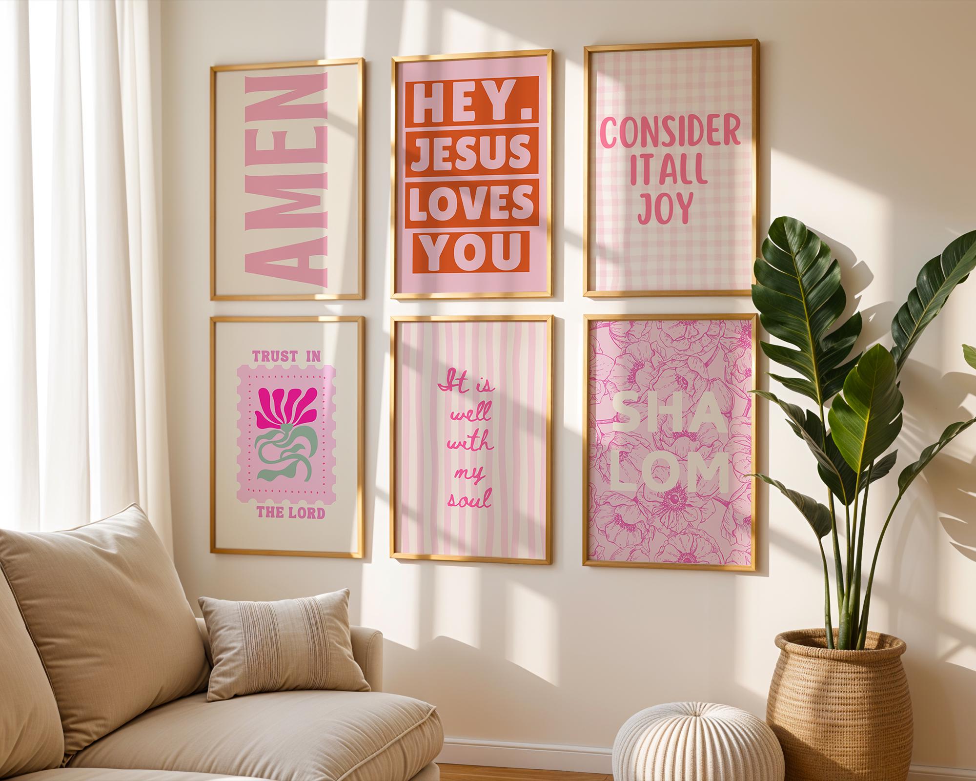 Pink Christian Wall Art Set of 6 Prints, Religious Gallery Poster ...