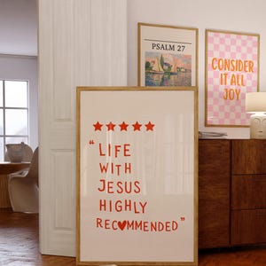 Modna chrześcijańska sztuka ścienna, słodkie życie Jezusa, estetyczna czerwona chrześcijańska grafika, religijny wystrój domu, chrześcijański wystrój akademika, prezent na chrzest