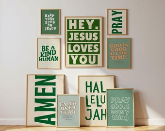 Christian Wall Art Bundle in Green (Set of 9) Gallery Wall Set Green Christian Print Printable Wall Art Bible Verse Scripture Christian Gift