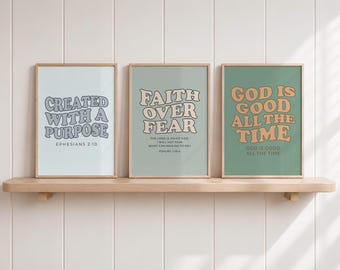 Retro christelijke muurdecoratie set, set van 3 Bijbeltekstprints, wanddecoratie voor in een galerie, retro poster, digitale download, printbare muurdecoratie