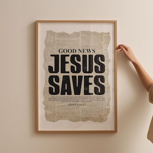Jesus rettet Wanddruck, Vintage christliche Wandkunst, christliches Plakat, Johannes Schriftkunst, digitaler Download, Wanddekoration, Geschenk für Christen