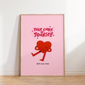 Impresión Self Love Club, Impresión de citas inspiradoras, Póster rosa, Arte de pared retro, Descarga digital, Arte imprimible, Decoración de pared, Regalo de inauguración de la casa