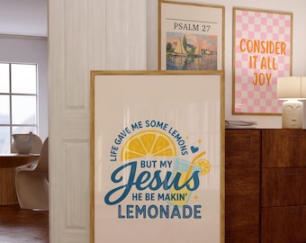 Retro Christian Art Print, Christian Wall Art, Jesus Poster, Christian Poster For Dorm Decor, Gift for Christian, Lemonade Digital Printable