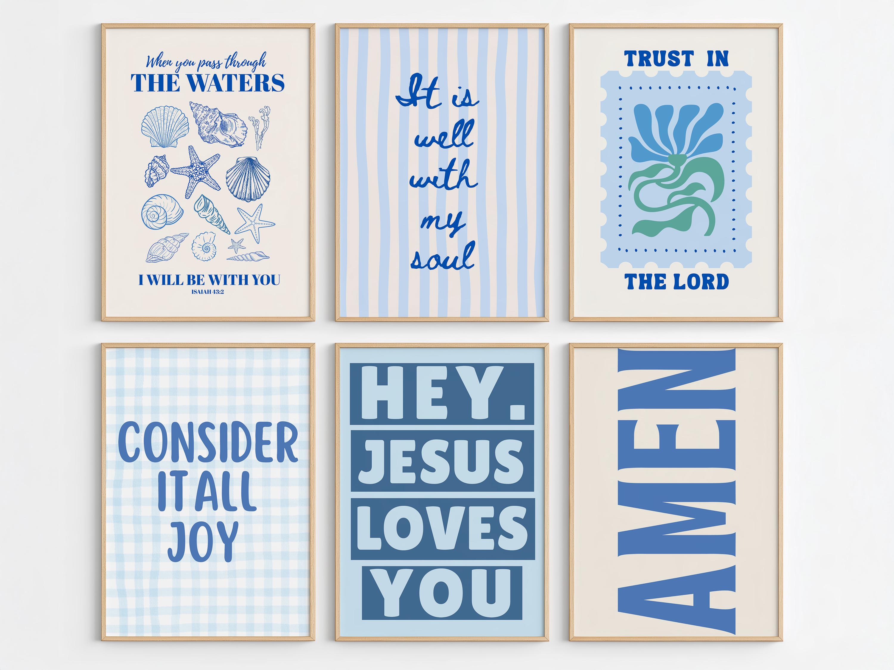Blue Christian Wall Art Set of 6 Prints, Religious Gallery Poster ...