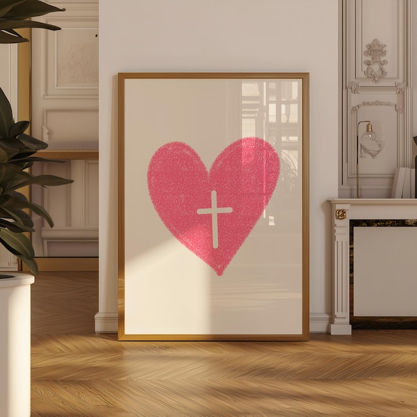 Arte mural cristiano retro, póster cristiano, póster rosa, cruz de corazón, descarga digital, decoración de pared, arte imprimible, impresión religiosa