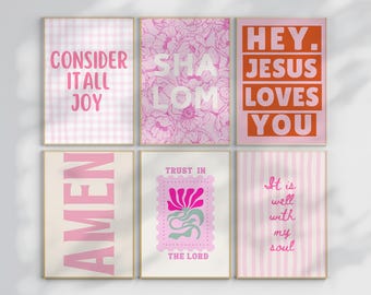Pink Christian Wall Art Set of 6 Prints, Religious Gallery Poster Bundle, Bible Verse Printable, Preppy Prayer Room Decor, Digital Download