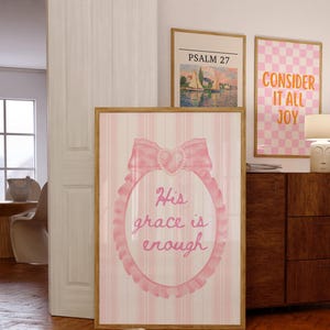 Impresión "Su gracia es suficiente", arte de pared cristiano de moda, arte de coqueta rosa, arte de pared con lazo, decoración de pared, póster rosa, póster cristiano, decoración de dormitorio