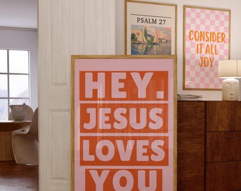 Trendy Christian Wall Art Maximalist Jesus Loves You Print Pink Wall Decor for Apartment Spiritual Wall Art for Dorm Bold Typography Print