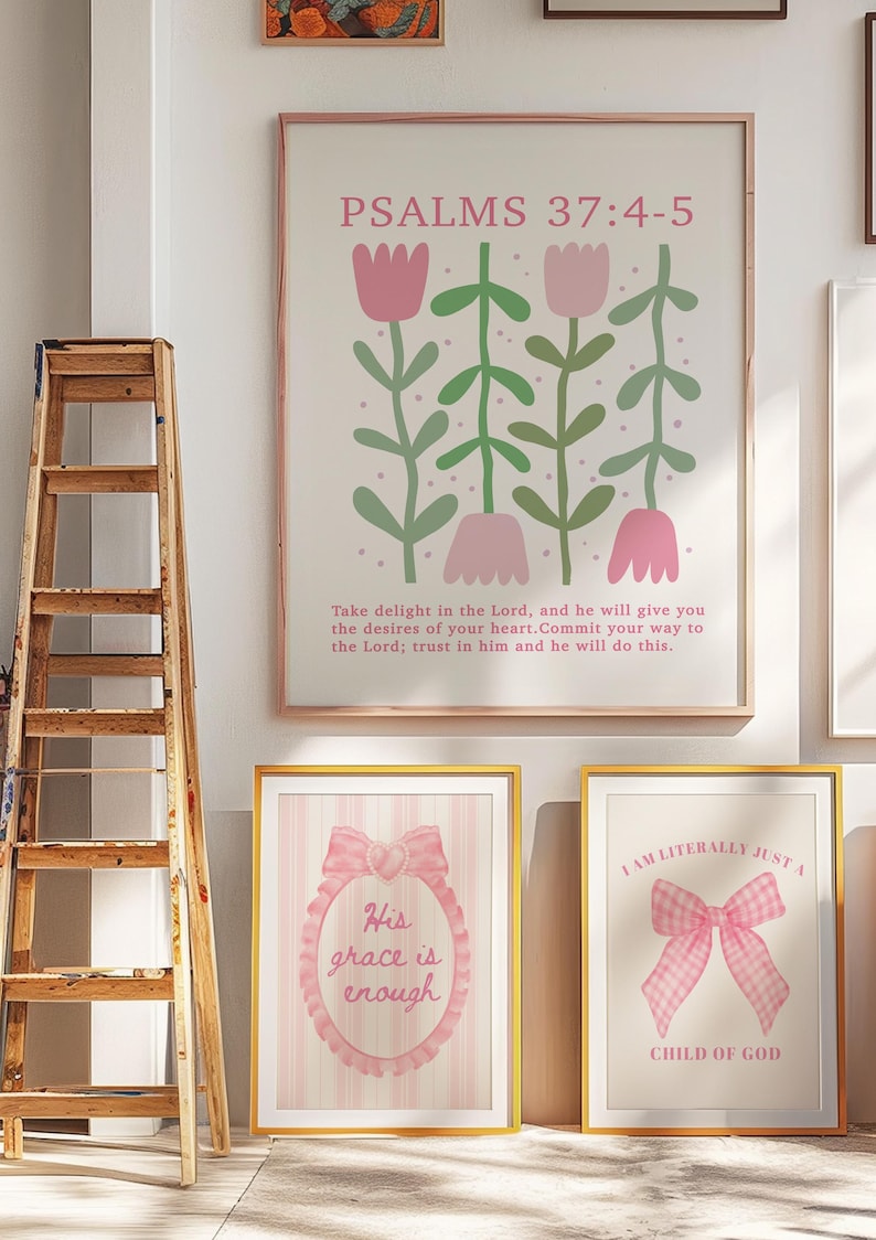 Trendy Christian Wall Art Bundle Gallery Wall Set Bible Scripture Pink ...