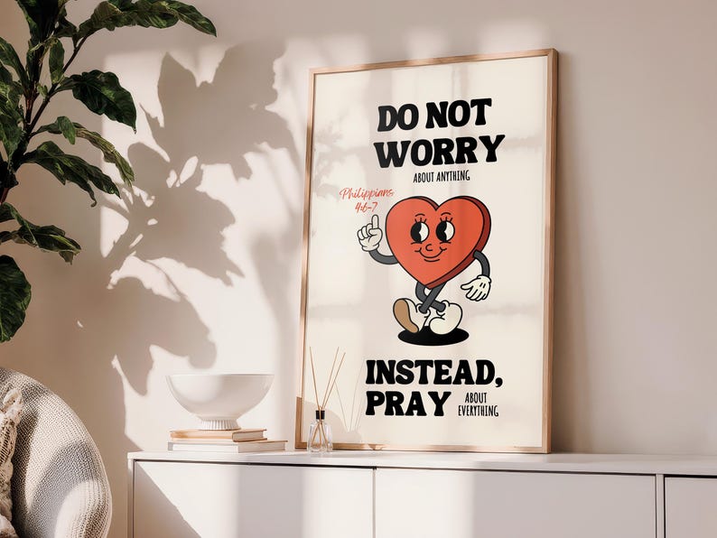 Philippians 4:6-7 Print, Retro Christian Wall Art, Trendy Bible Verse Poster, Prayer Room Decor, Religious Printable Art image 5