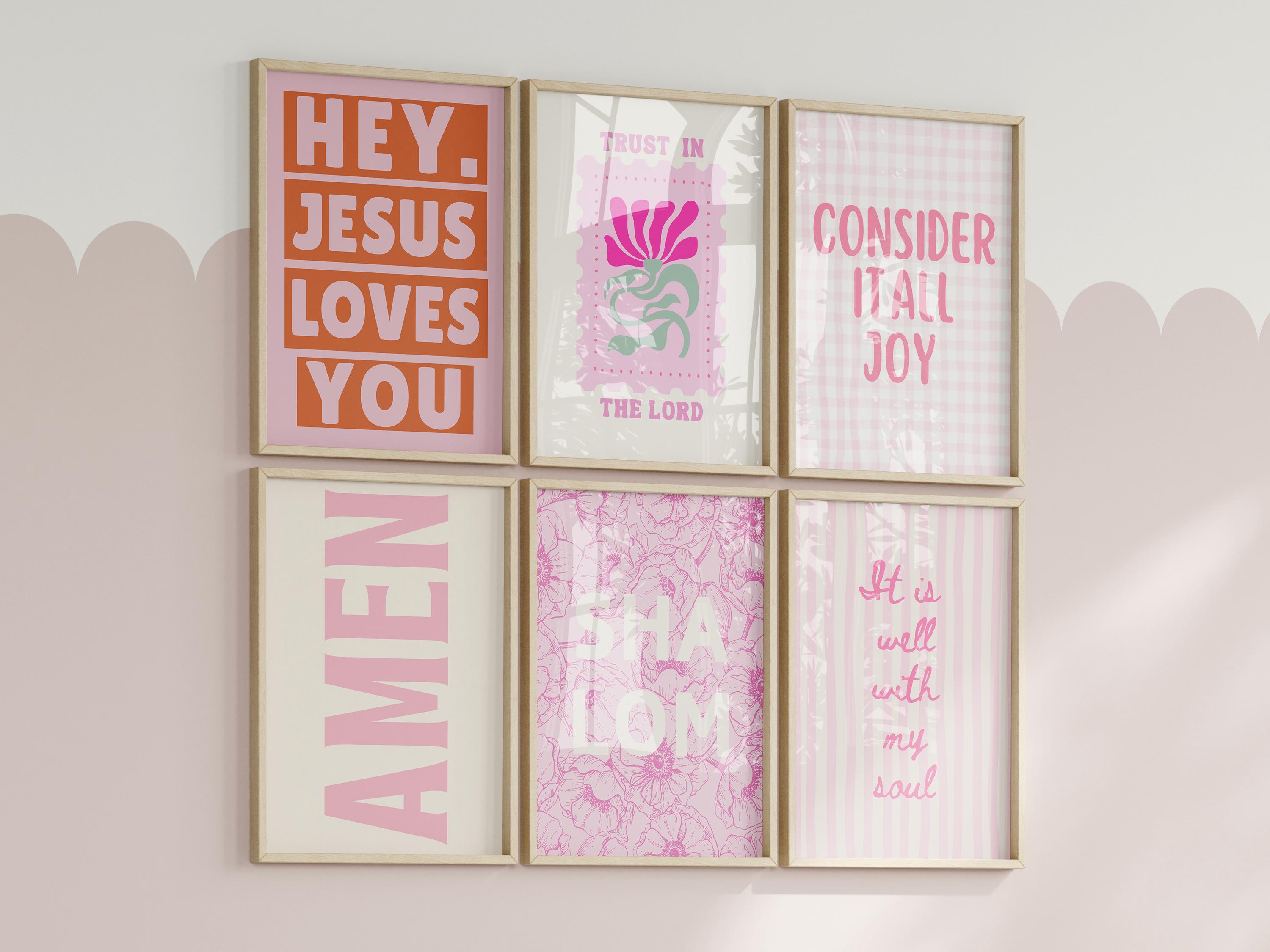 Pink Christian Wall Art Set of 6 Prints, Religious Gallery Poster ...