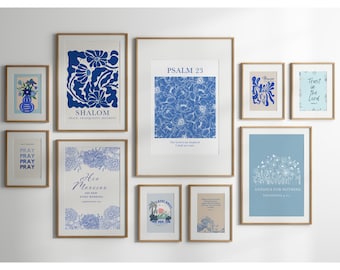 Christelijke muurkunstbundel in blauw (set van 10) Galeriemuurset blauw vintage prints afdrukbare muurkunst bijbelvers muurkunst christelijk cadeau