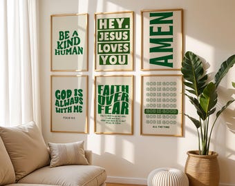 Christian Wall Art Bundle in Green (Set of 6), Gallery Wall Set, Green Christian Print, Printable Wall Art Bible Verse Scripture Poster