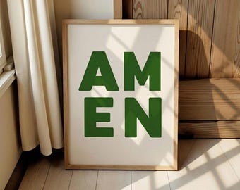 Amen Print, Faith Typografie Poster, Grüne christliche Wandkunst, Retro Gebetsraumdekoration, digitaler Download