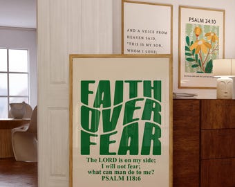 Retro Christian Wall Art, Faith over Fear Print, Christian Poster, Bible Verse, Digital Download, Psalm Scripture, Green Poster