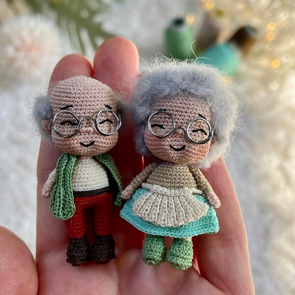 Muñeca Amigurumi en miniatura abuela abuelo juntos, crochet mini pareja de ancianos, regalo del Día de las Madres