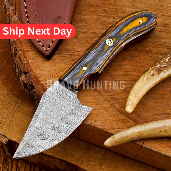 EDC Fixed Blade Skinner Knife 7", Damascus Steel Skinner knive with Sheath, Personalize Hunting Knife, Best Gift for Him.