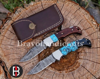 Personalized Handmade Damascus Steel Folding Pocket Knife, Turquoise Gemstone & Rose Wood Handle Pack of 2, Birthday Gift, Christmas Gift.