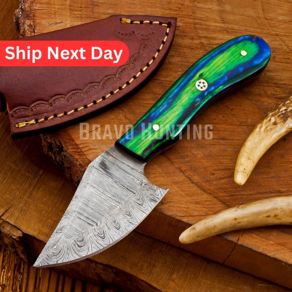 Custom Handmade Skinner Damascus Knive With Leather Sheath, Fixed Blade Skinning Knife, EDC Knife, Pocket Knive Best Father’s Day Gifts 2023